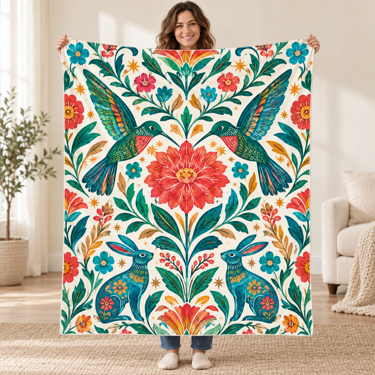 Colibries del amanecer blanket, held open