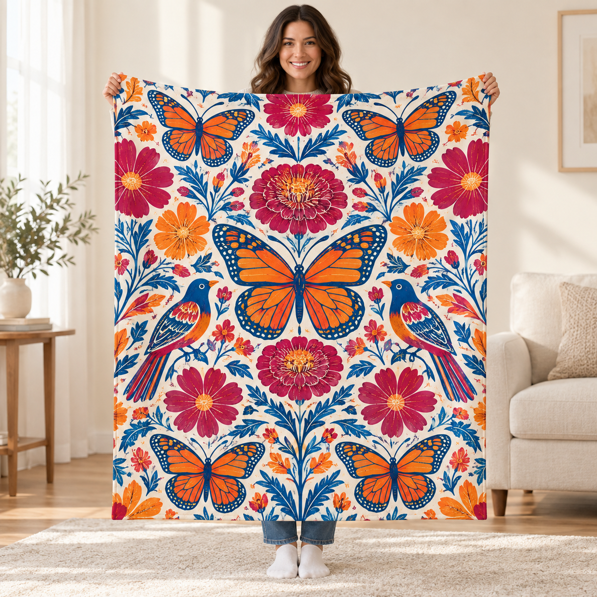 Jardin de mariposas blanket, held open