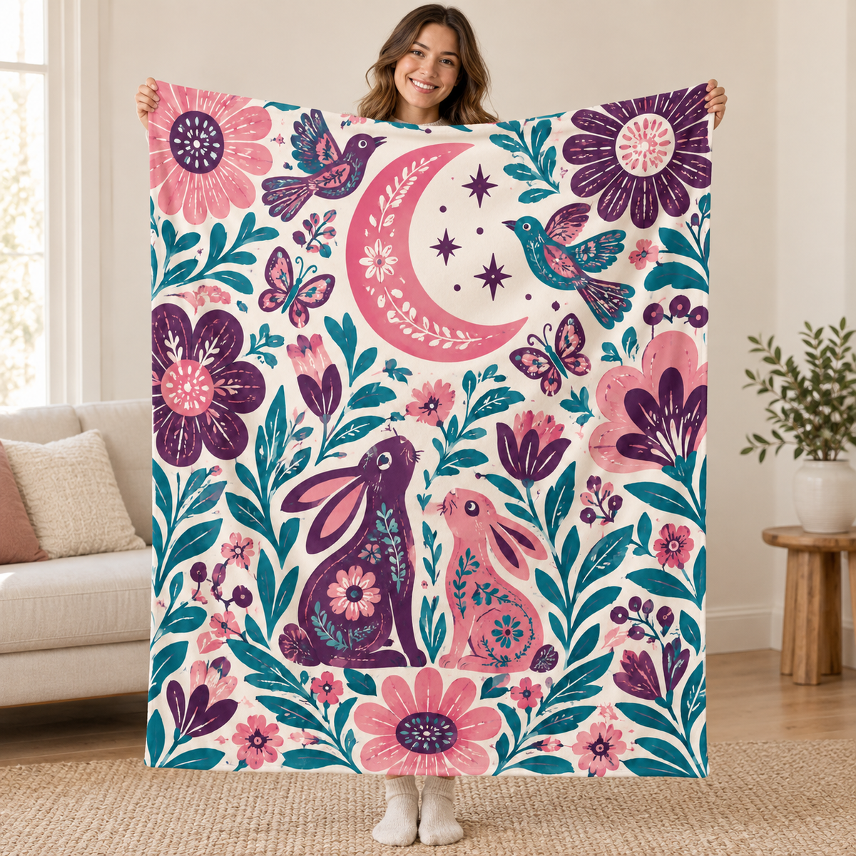 Conejos de luna blanket, held open
