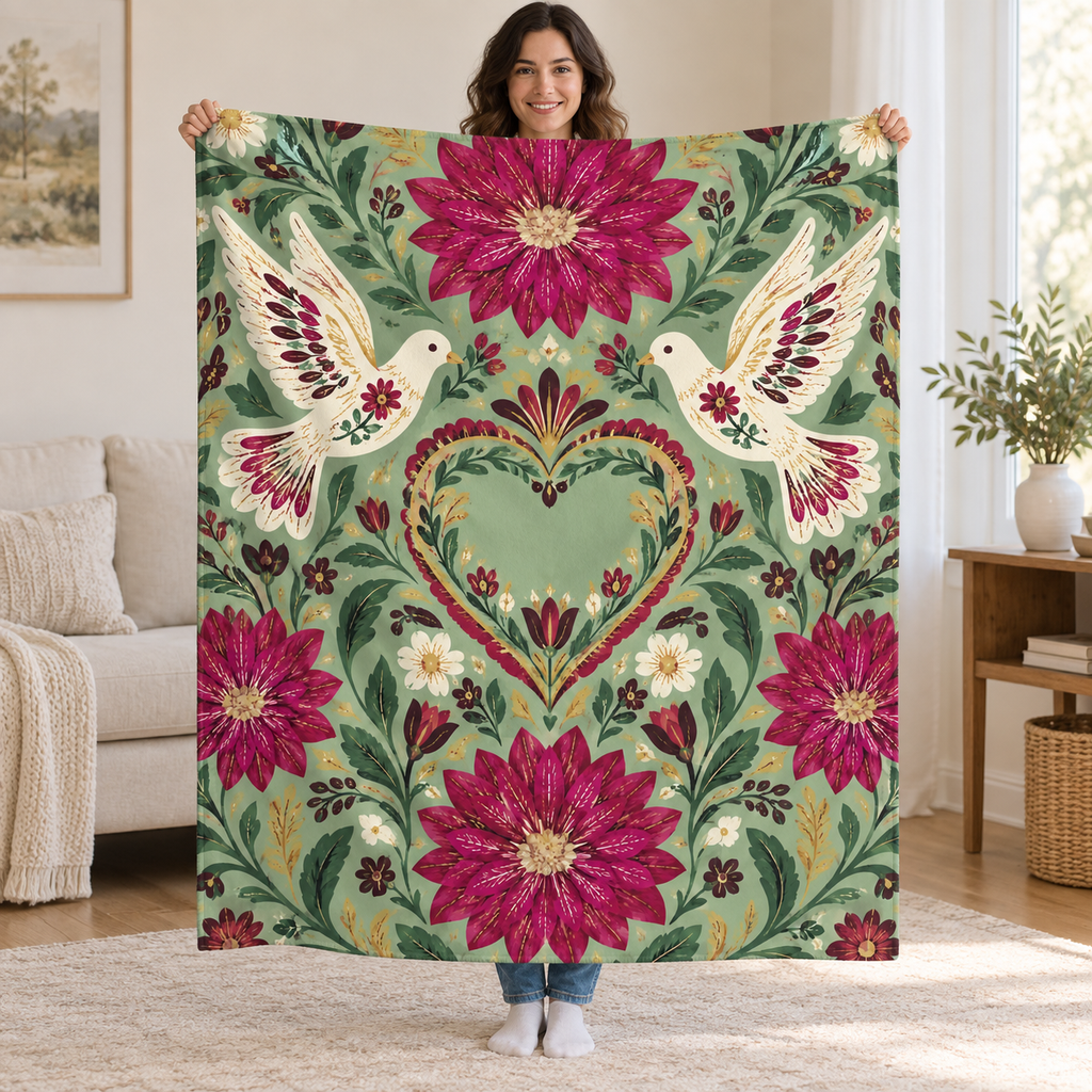 Dalias y palomas blanket, held open