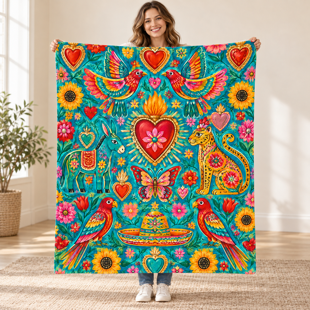 Corazones de fiesta blanket, held open