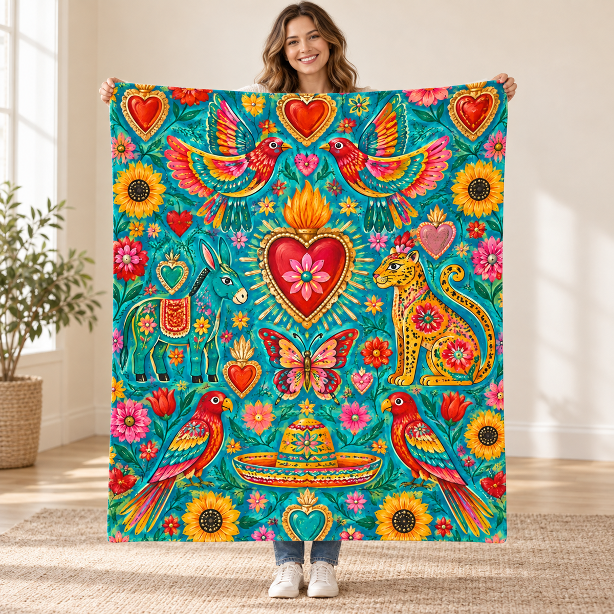 Corazones de fiesta blanket, held open