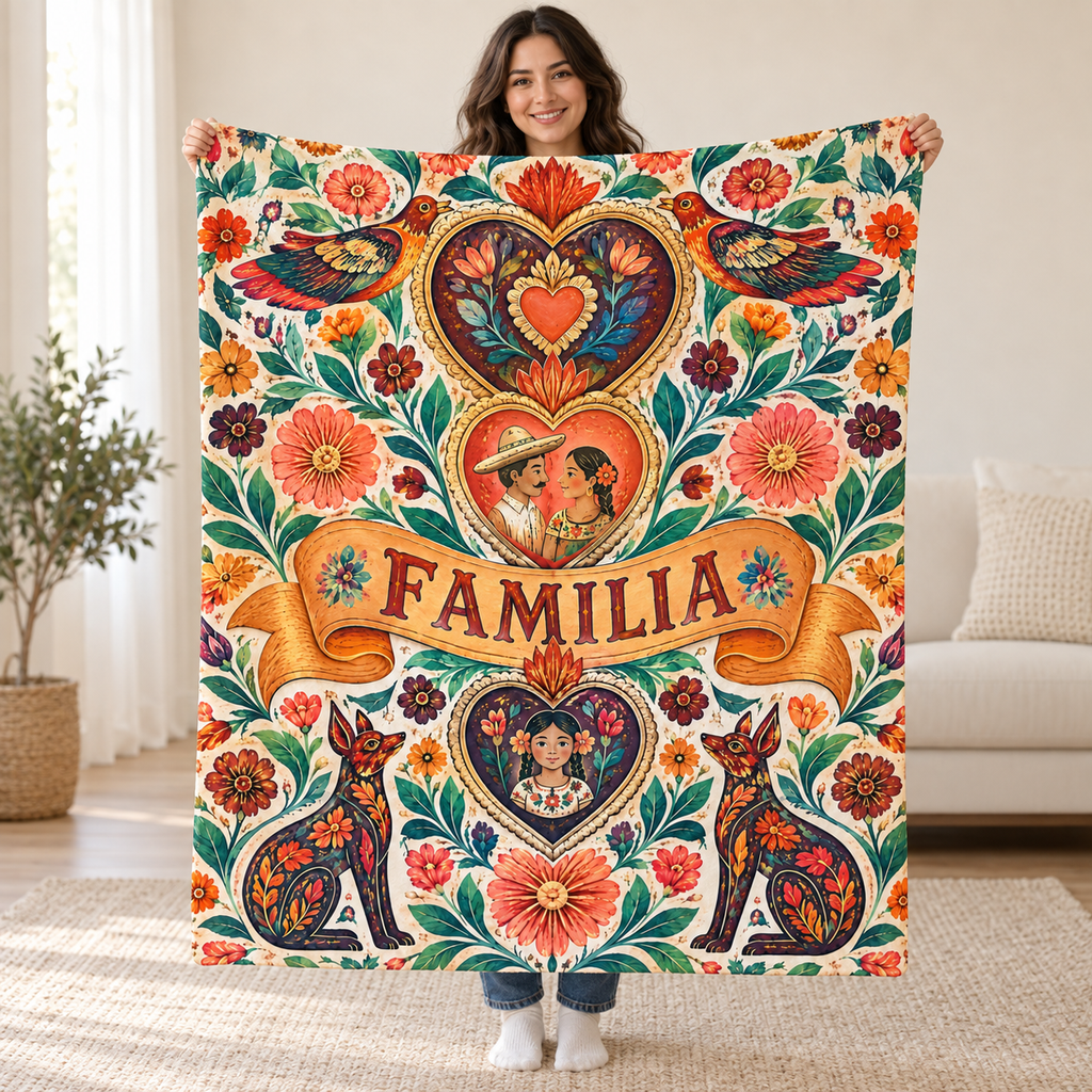 Abrazo de familia blanket, held open