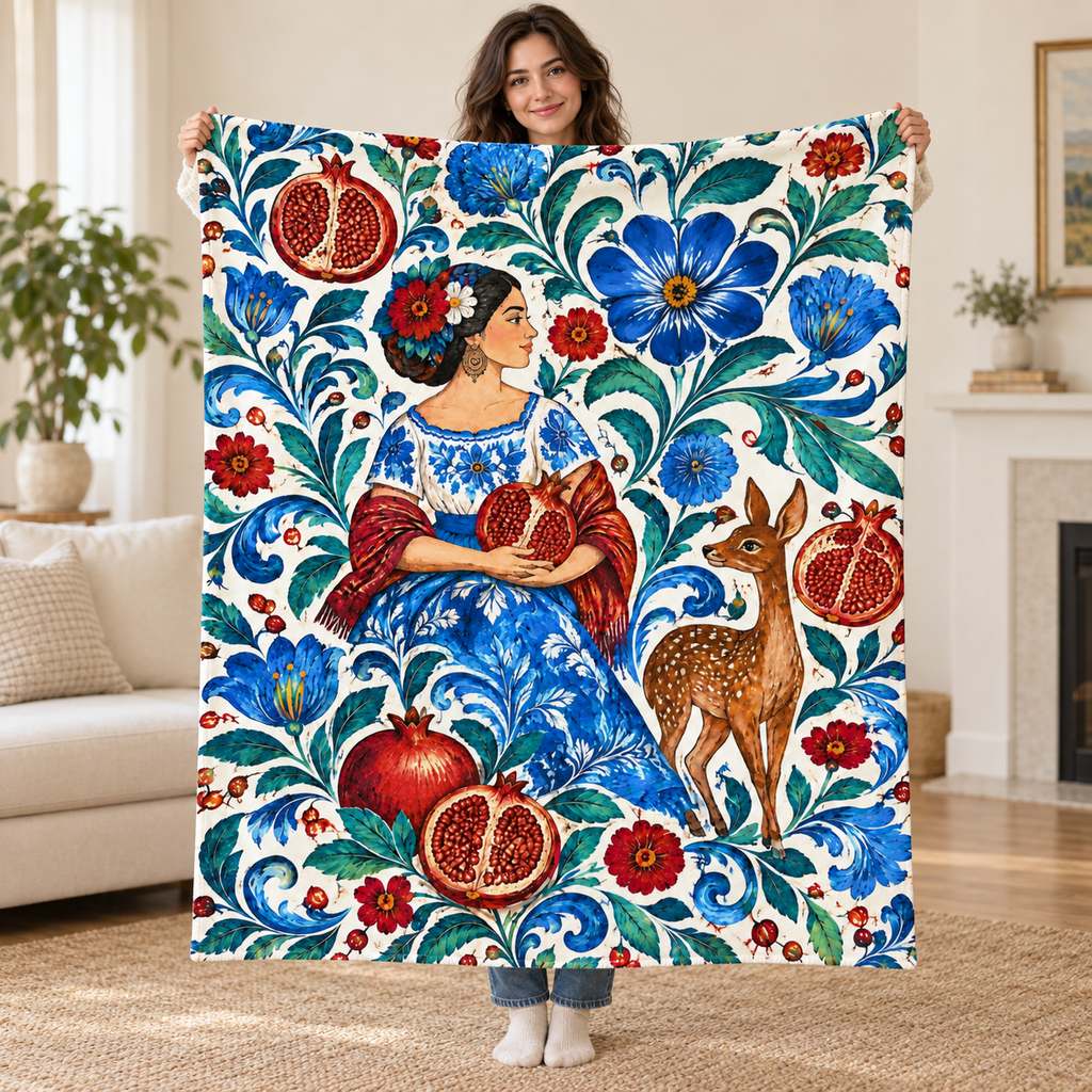Granadas y flores blanket, held open