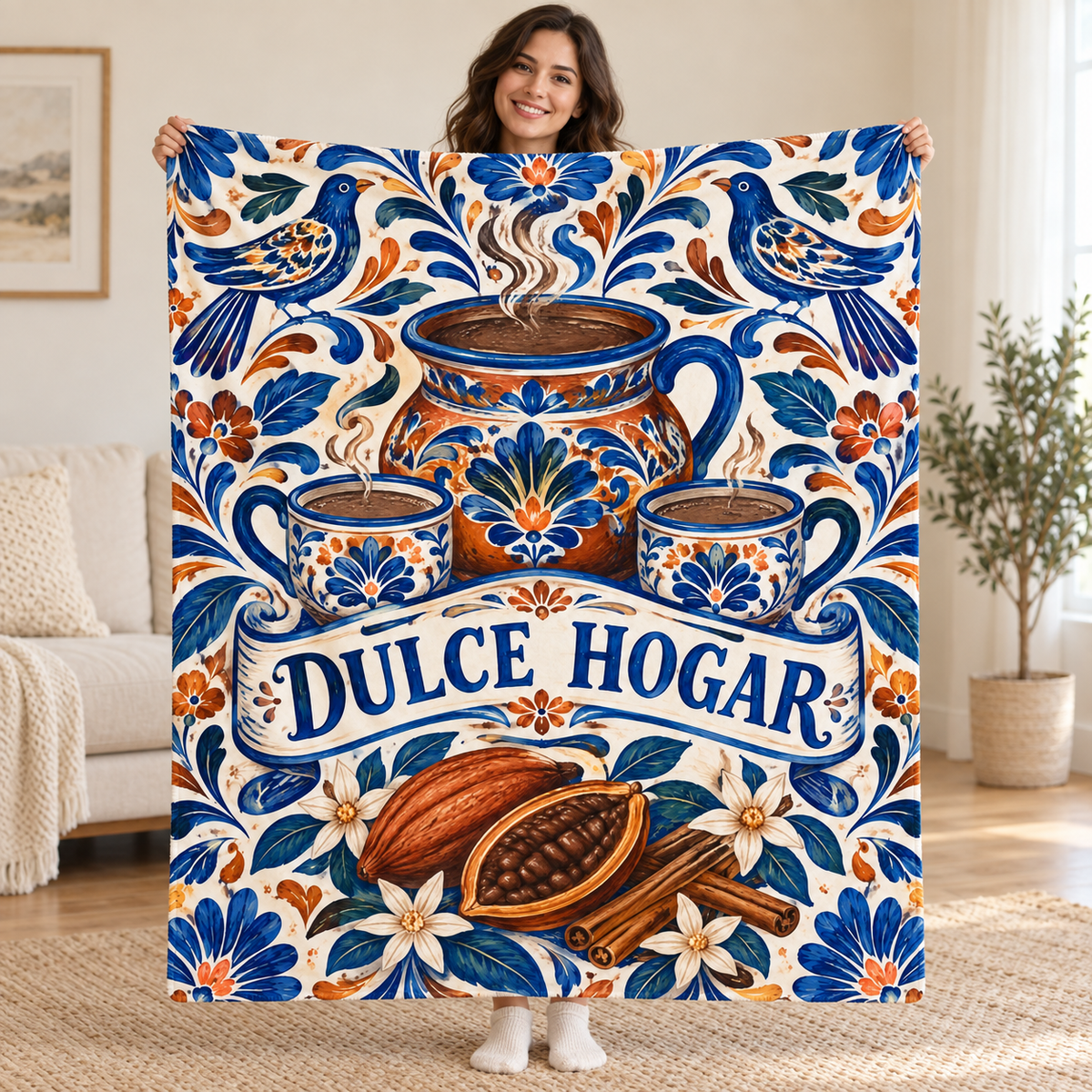 Cacao y canela blanket, held open
