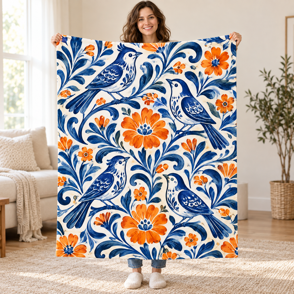 Pajaros de ceramica blanket, held open