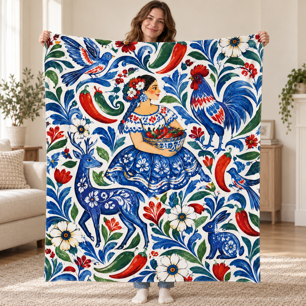 Chile y alegria blanket, held open