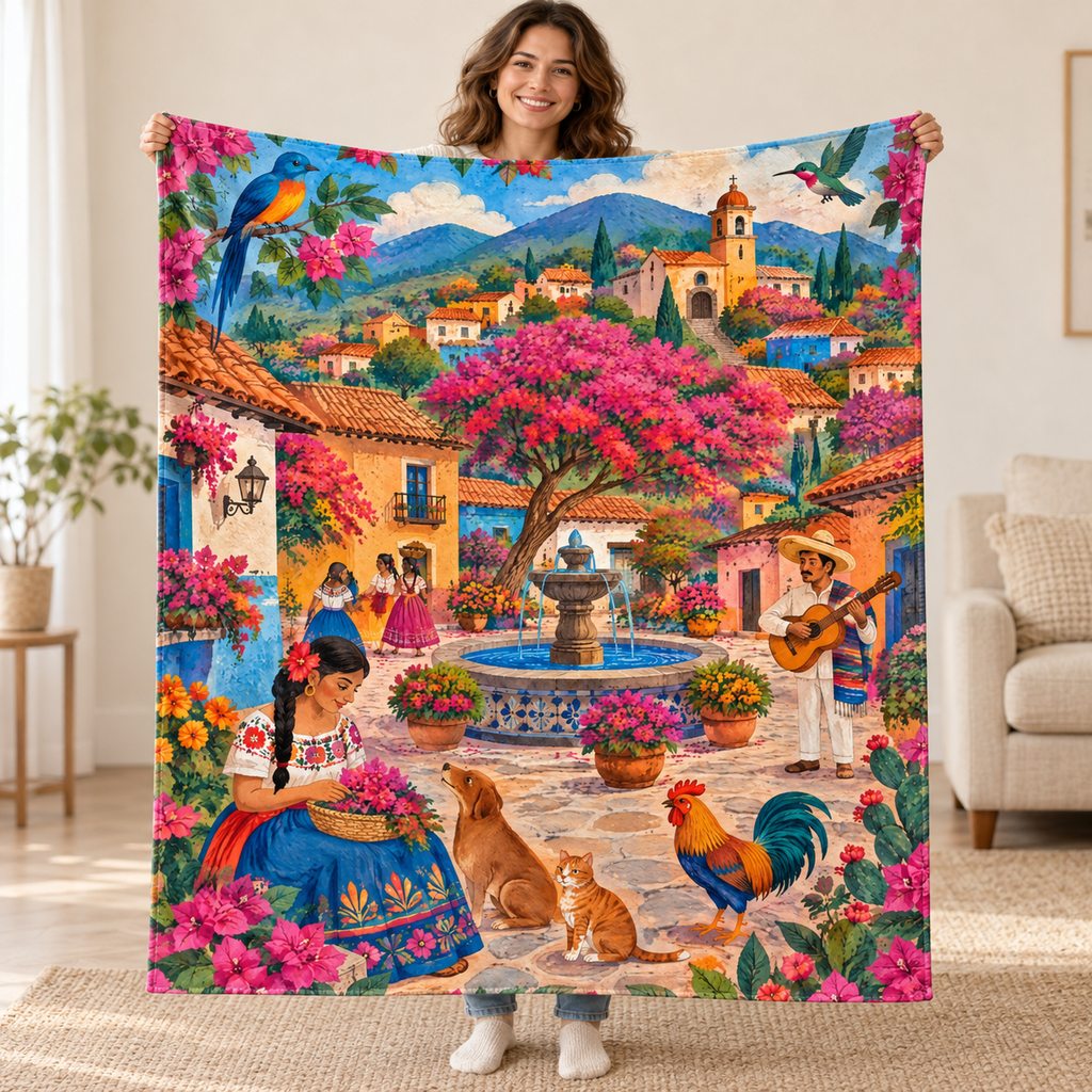 Pueblo de colores blanket, held open