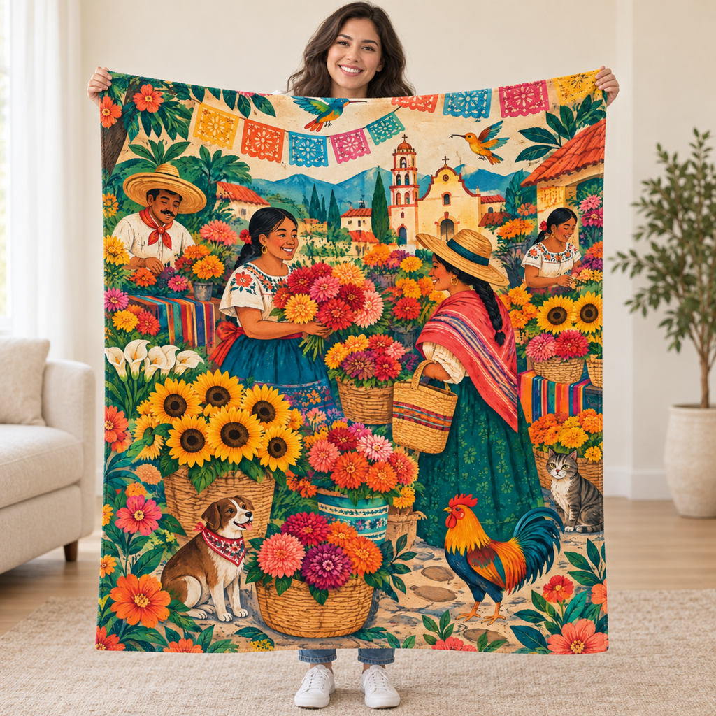 Mercado de flores blanket, held open