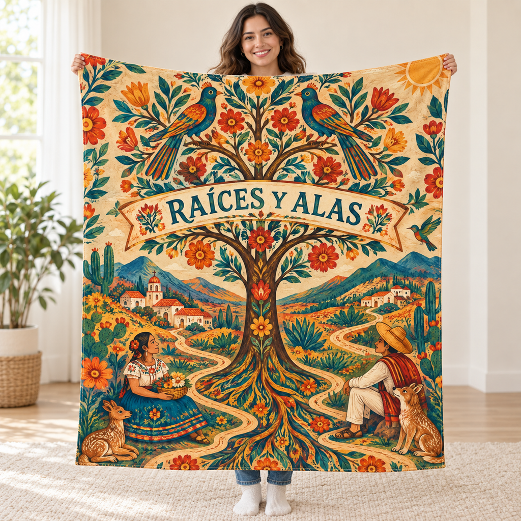 Raices y caminos blanket, held open