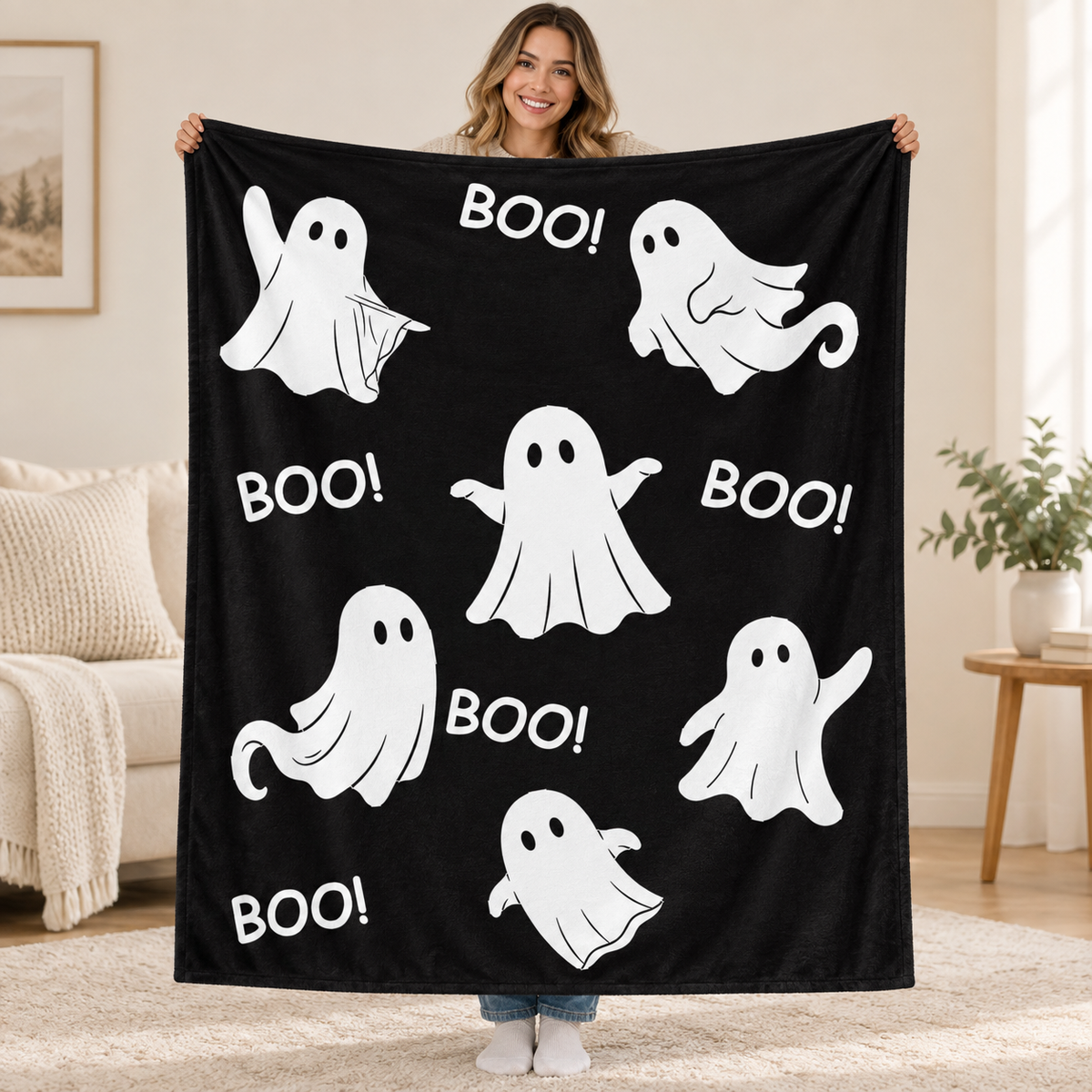 Ghost Boo - Black blanket, held open