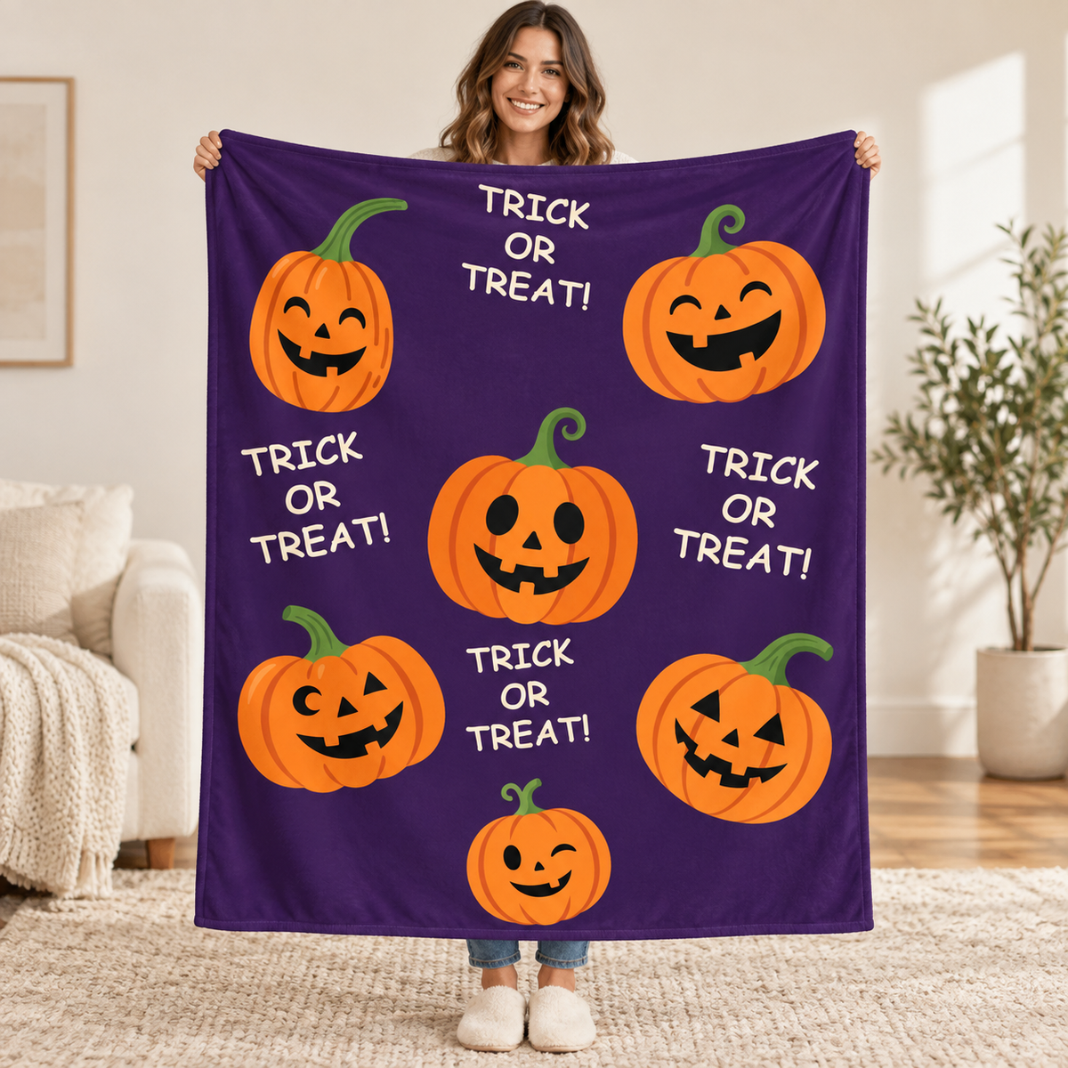Pumpkin Party - Purple blanket, held open