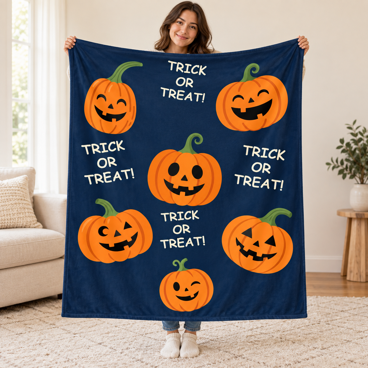 Pumpkin Party - Midnight Blue blanket, held open