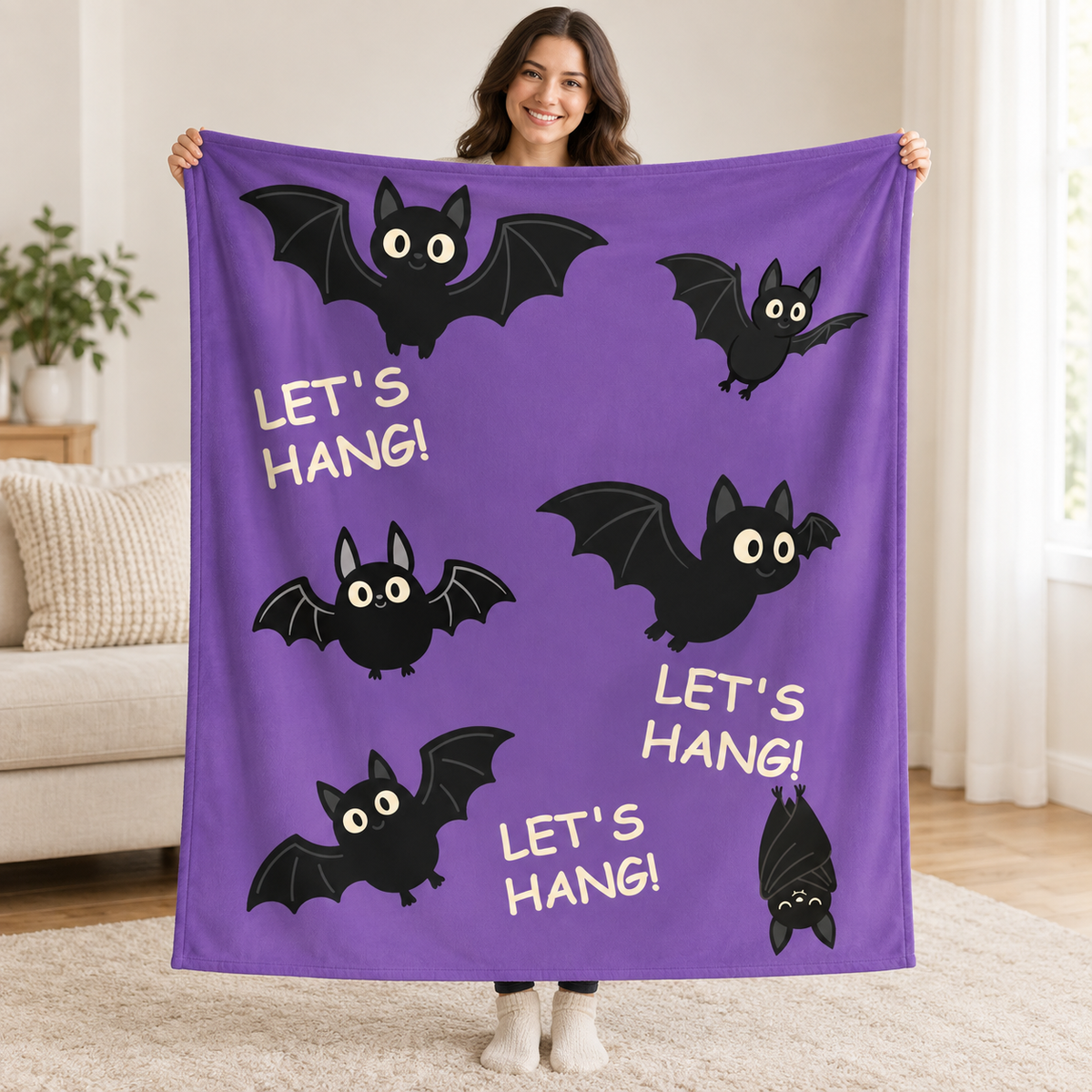 Let's Hang! - Purple blanket, held open