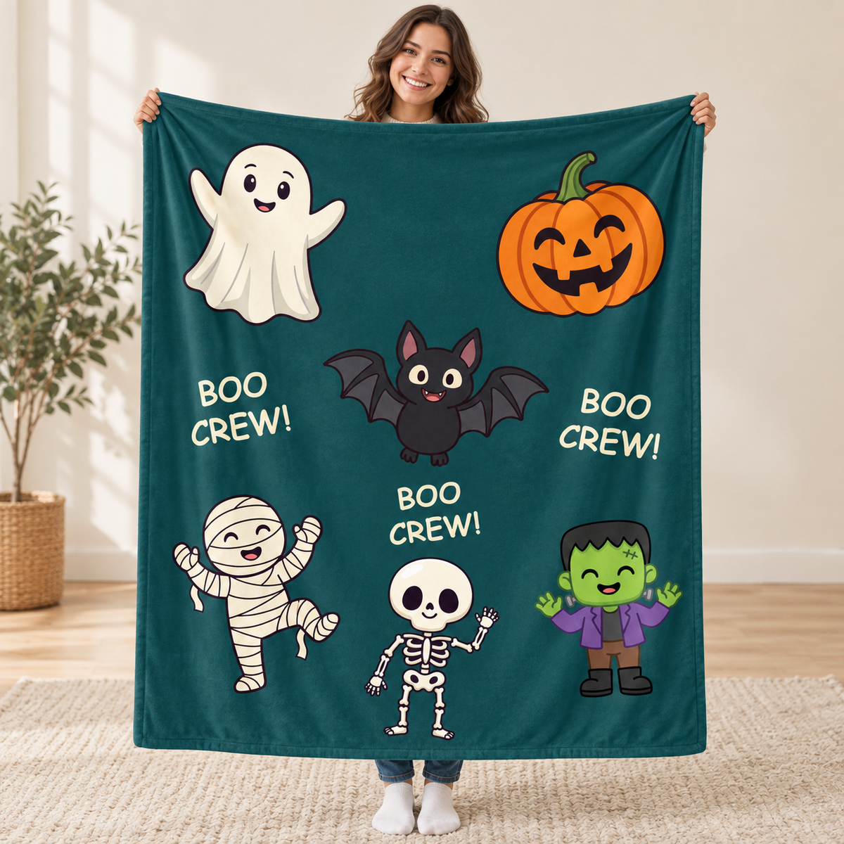Boo Crew - Teal blanket, held open
