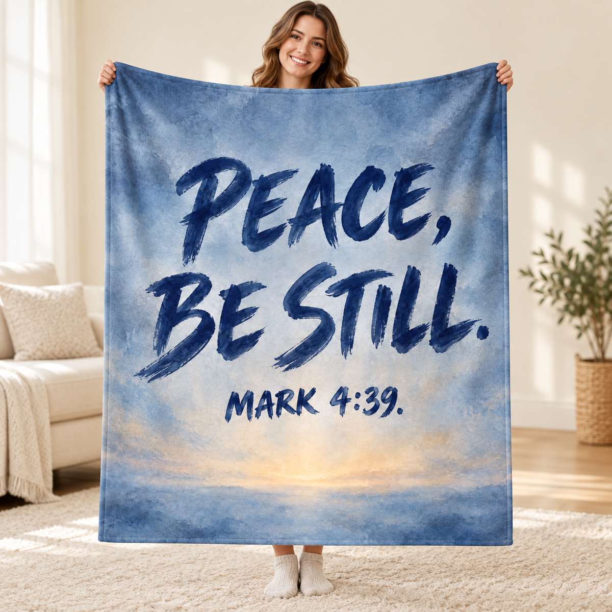 Blue Hour Peace blanket, held open