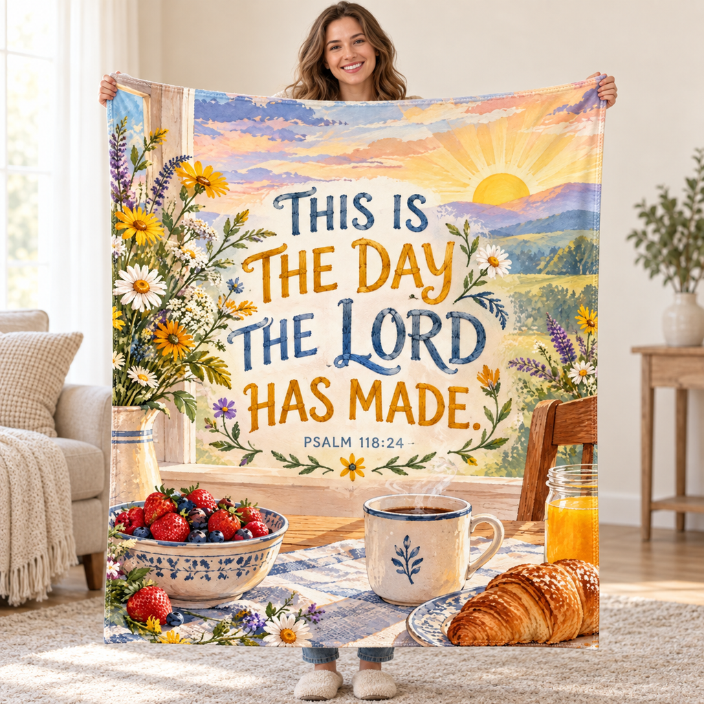 This Is the Day blanket, held open