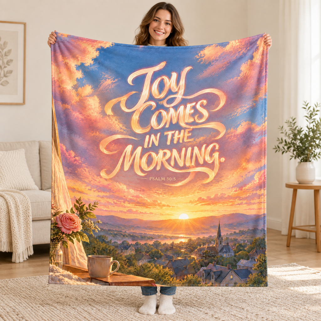 Joy Comes blanket, held open