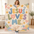 Jesus Loves Me blanket, held open