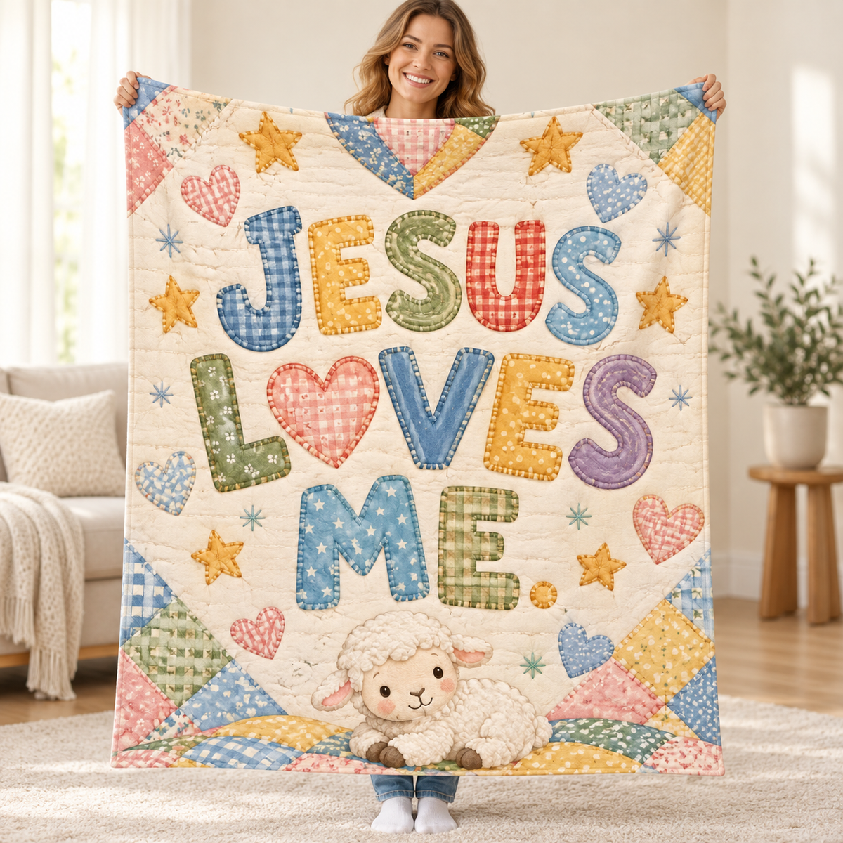 Jesus Loves Me blanket, held open