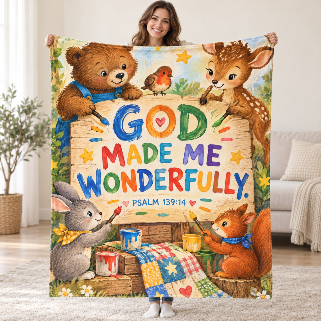 God Made Me Wonderfully blanket, held open