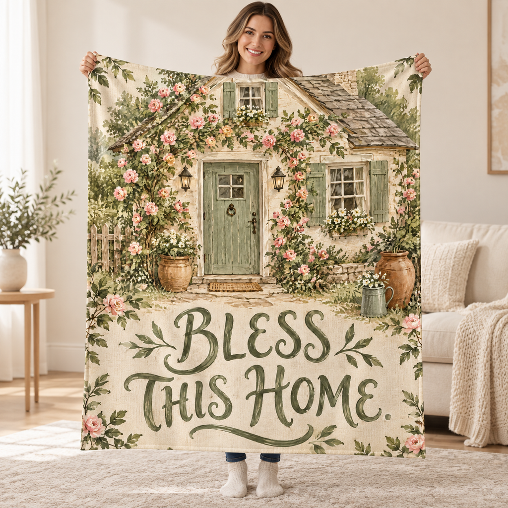Bless This Home blanket, held open