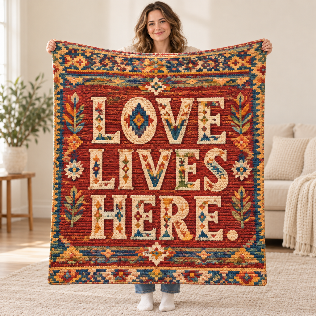 Love Lives Here blanket, held open