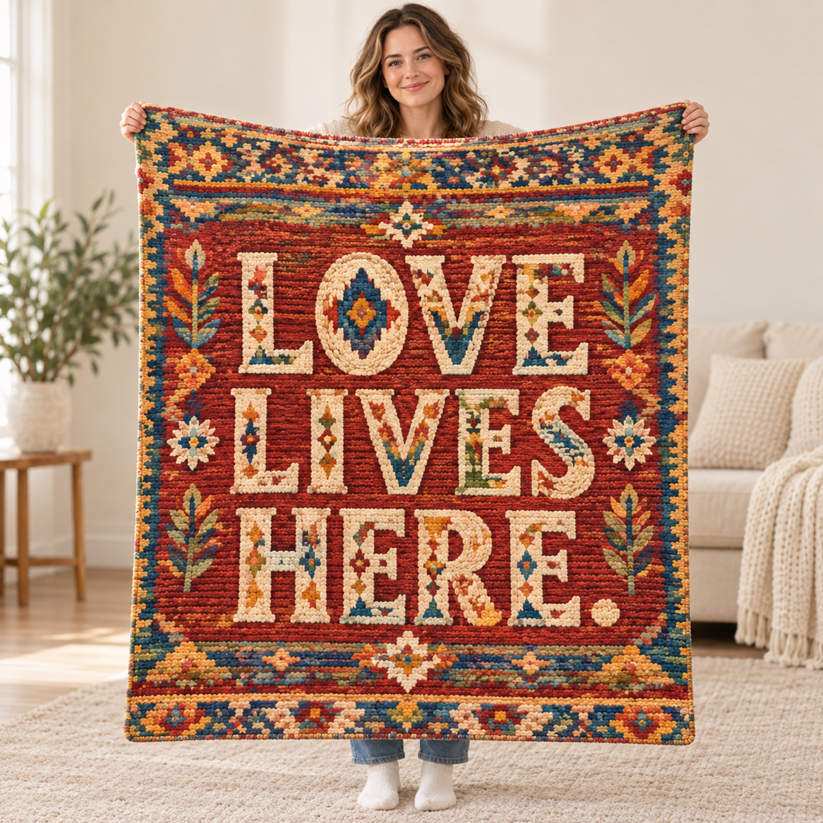 Love Lives Here blanket, held open