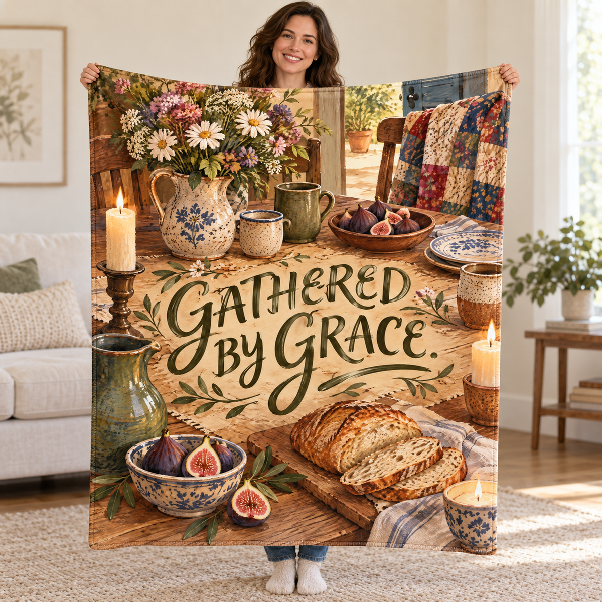 Gathered by Grace blanket, held open