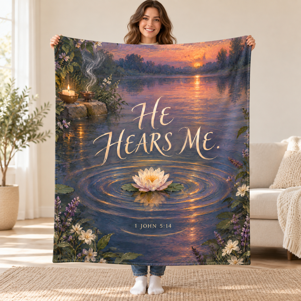 He Hears Me blanket, held open
