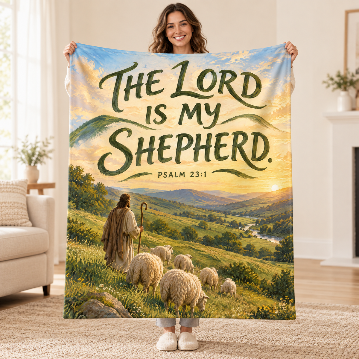 The Lord Is My Shepherd blanket, held open
