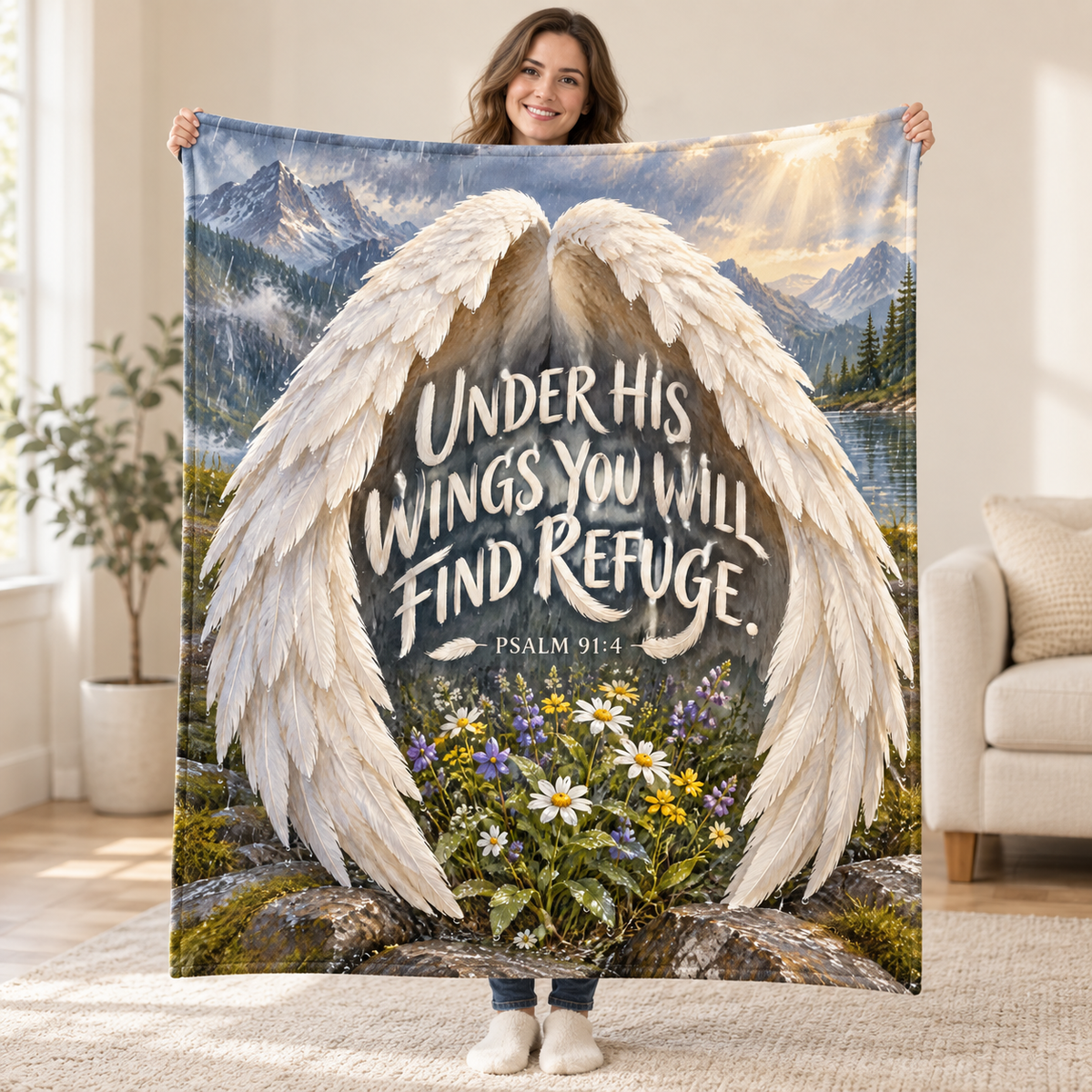 Under His Wings blanket, held open