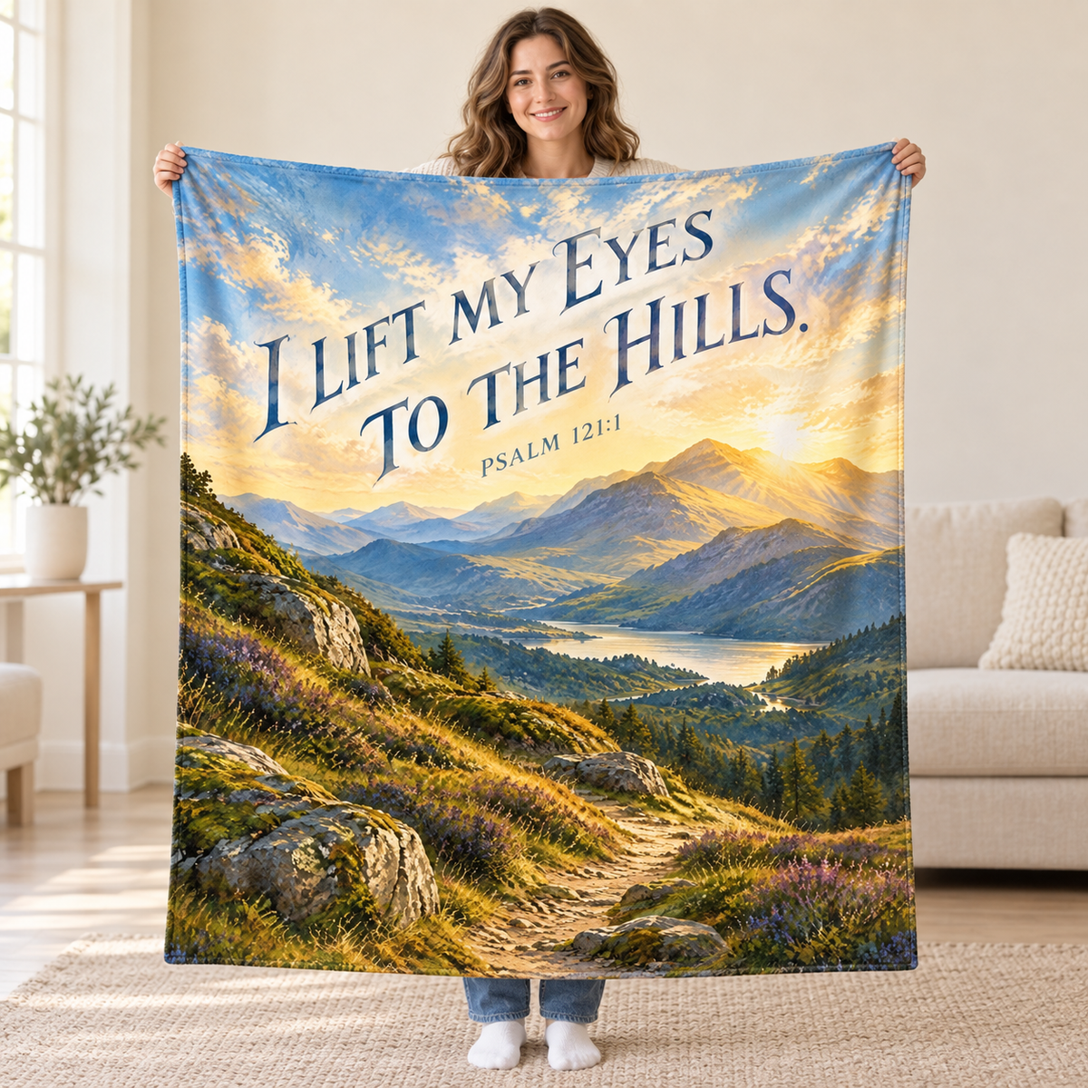 Eyes to the Hills blanket, held open