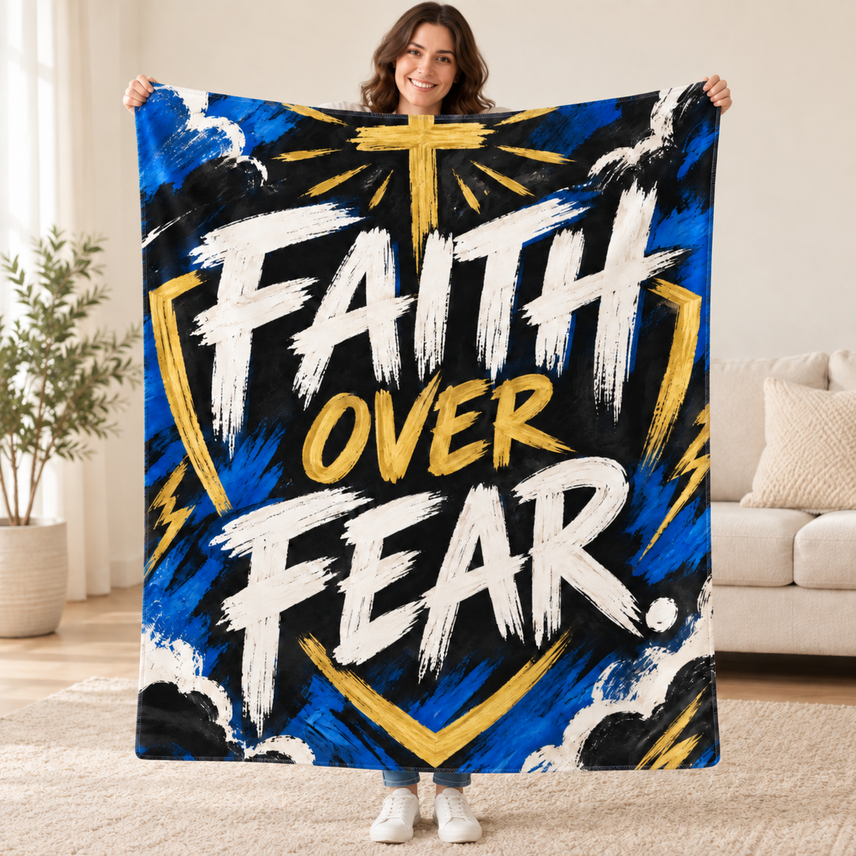 Faith over Fear blanket, held open