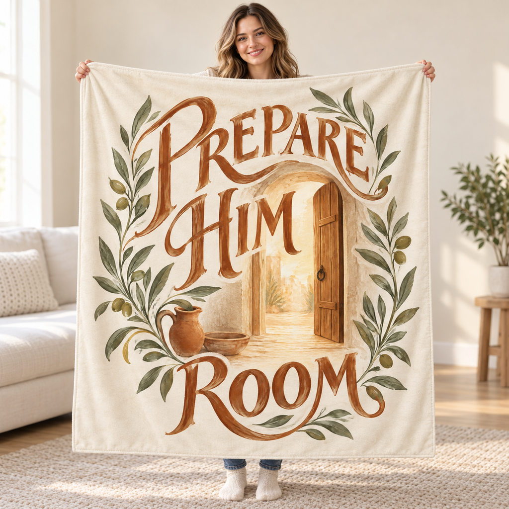 Prepare Him Room blanket, held open