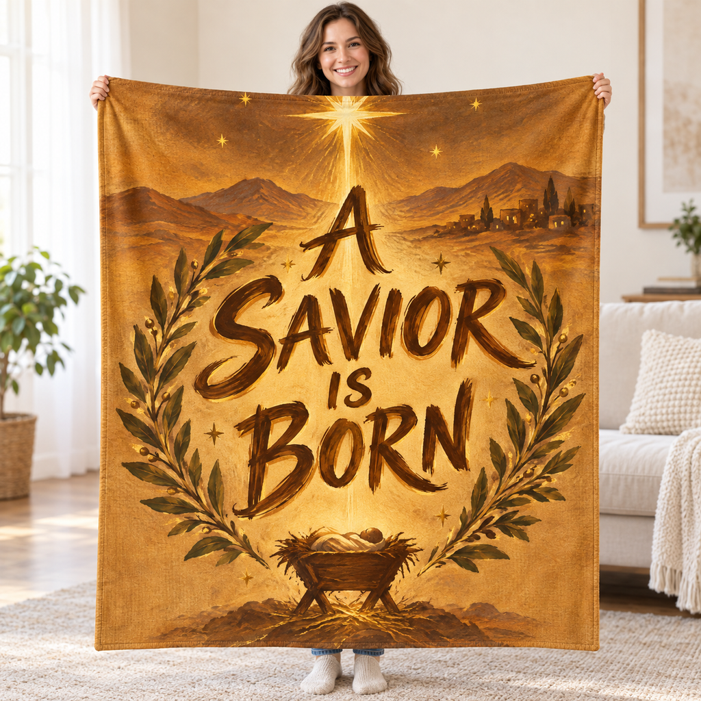 A Savior Is Born blanket, held open
