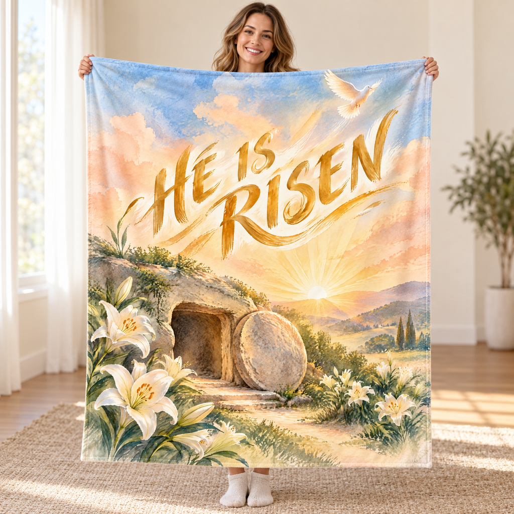He Is Risen blanket, held open