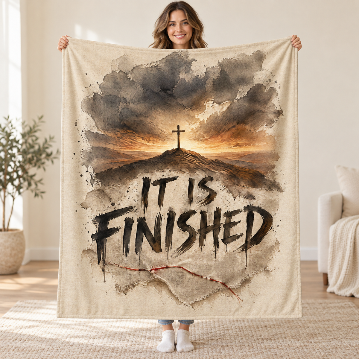 It Is Finished blanket, held open