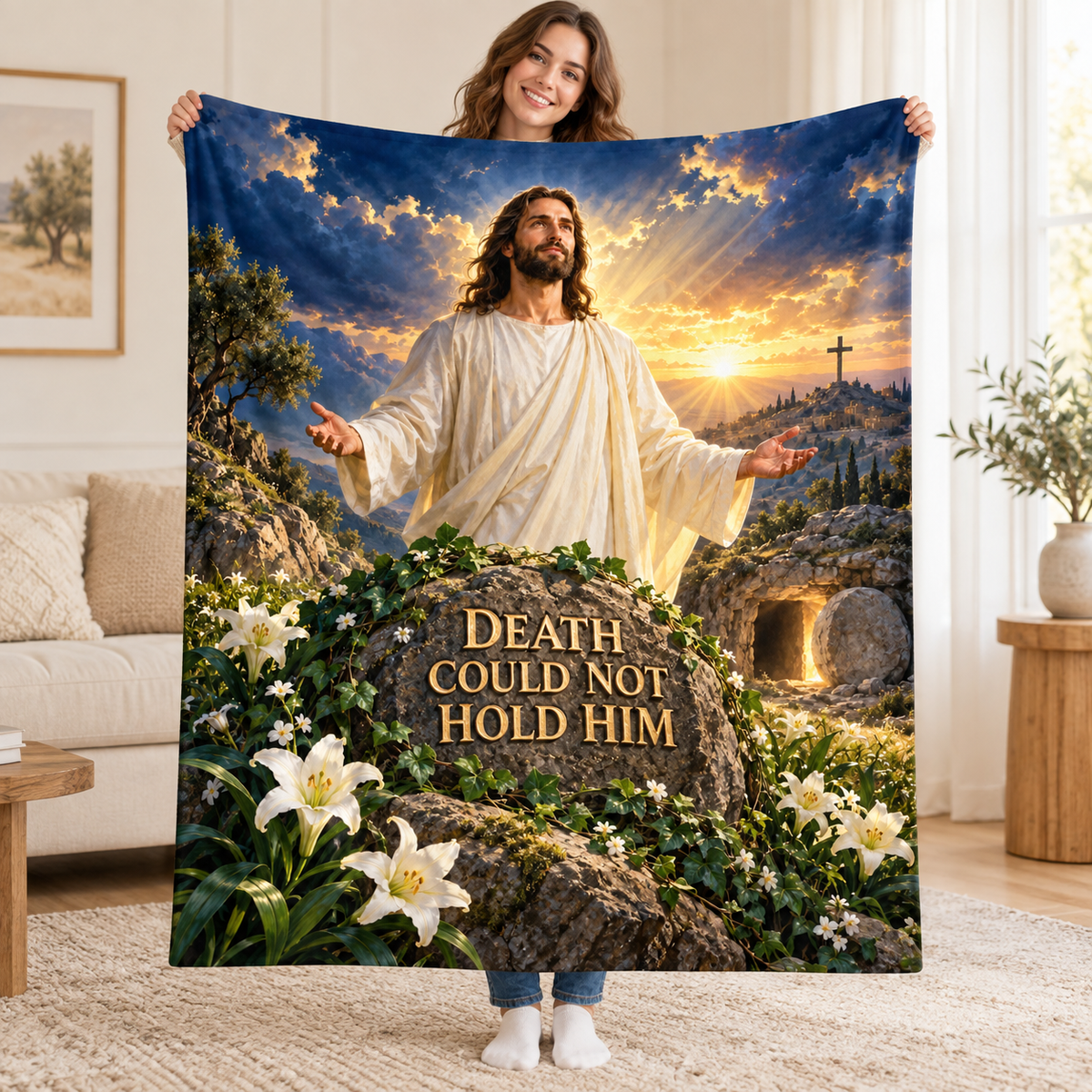 Death Could Not Hold Him blanket, held open