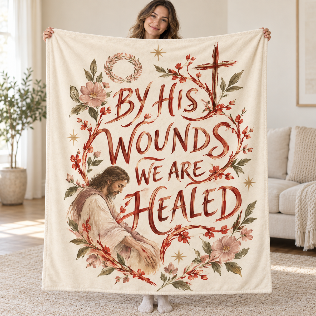 By His Wounds We Are Healed blanket, held open