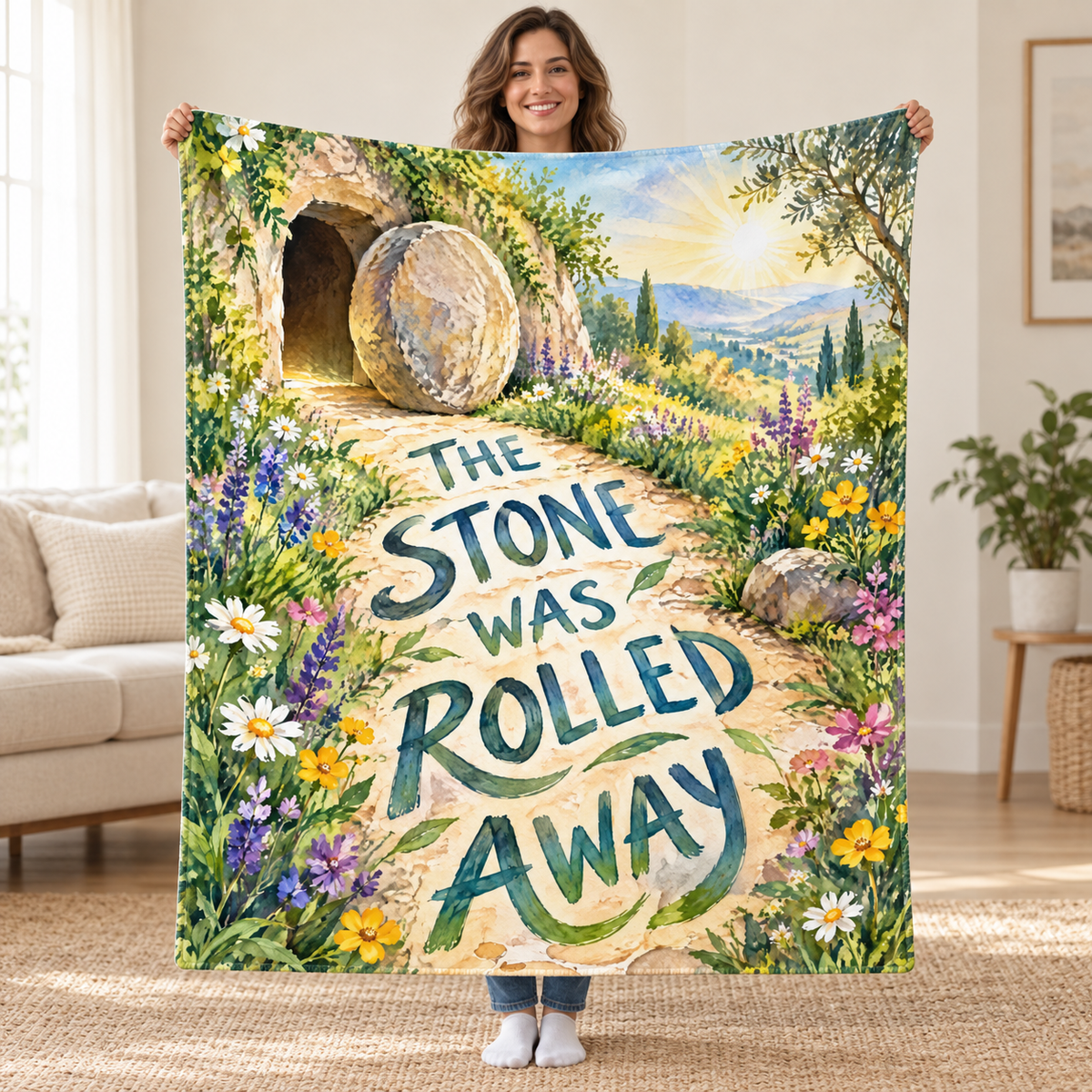 The Stone Was Rolled Away blanket, held open