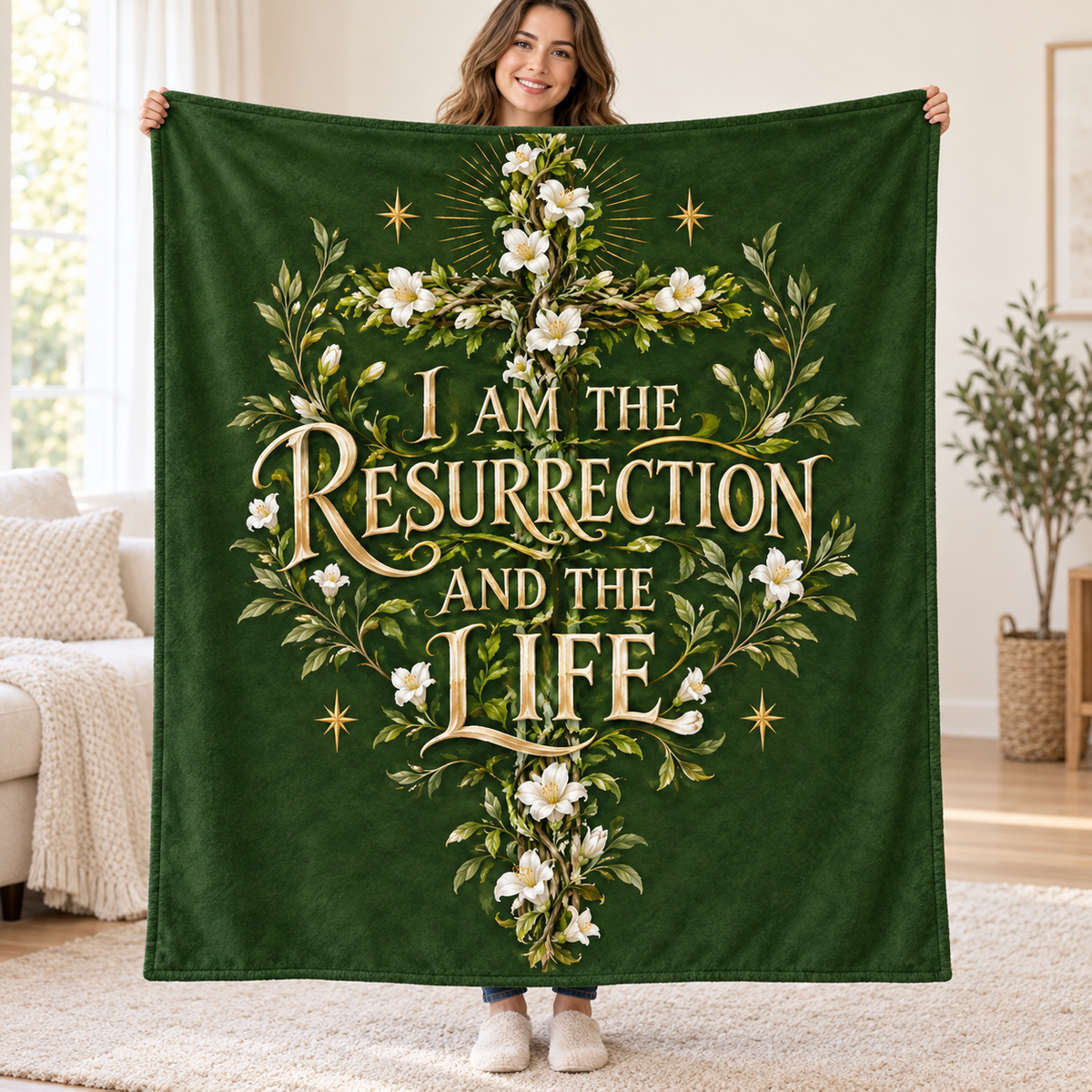 I Am the Resurrection and the Life blanket, held open