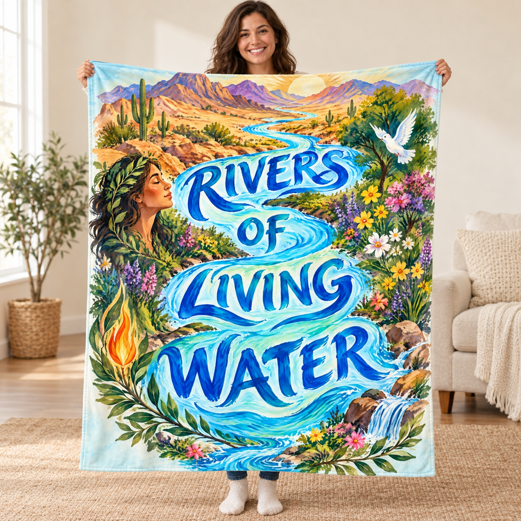 Rivers of Living Water blanket, held open