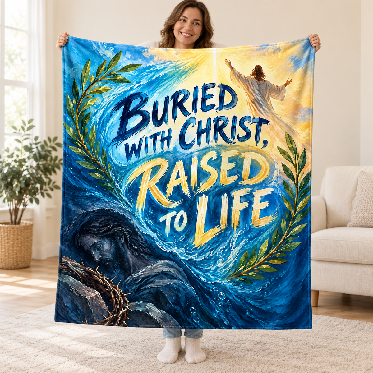 Buried with Christ, Raised to Life blanket, held open