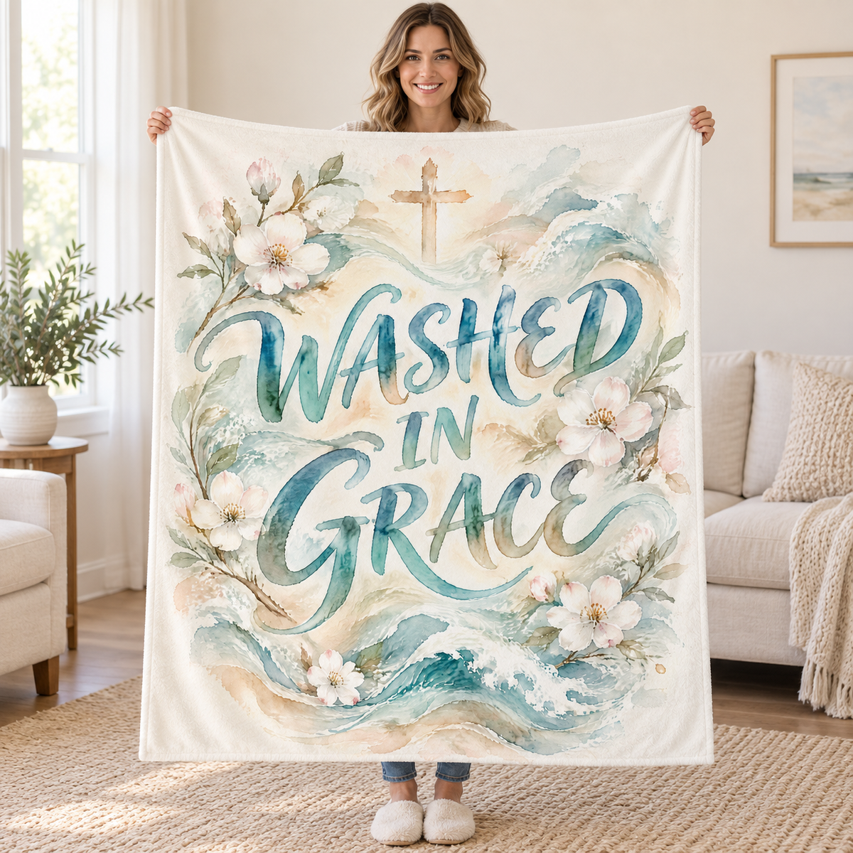 Washed in Grace blanket, held open