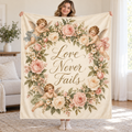 Love Never Fails blanket, held open