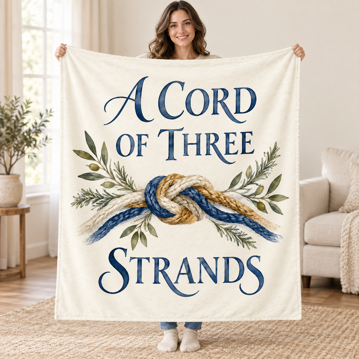A Cord of Three Strands blanket, held open
