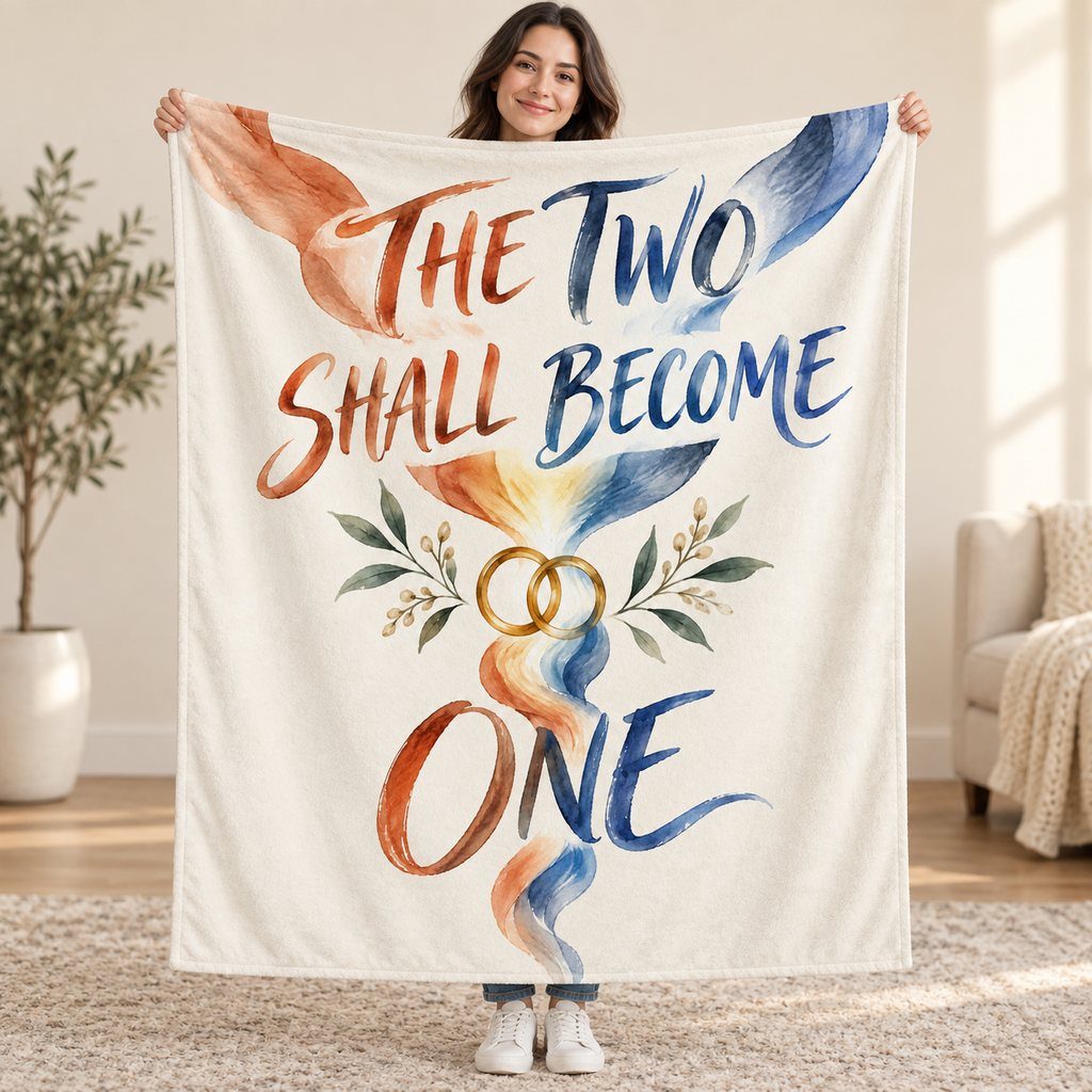 The Two Shall Become One blanket, held open