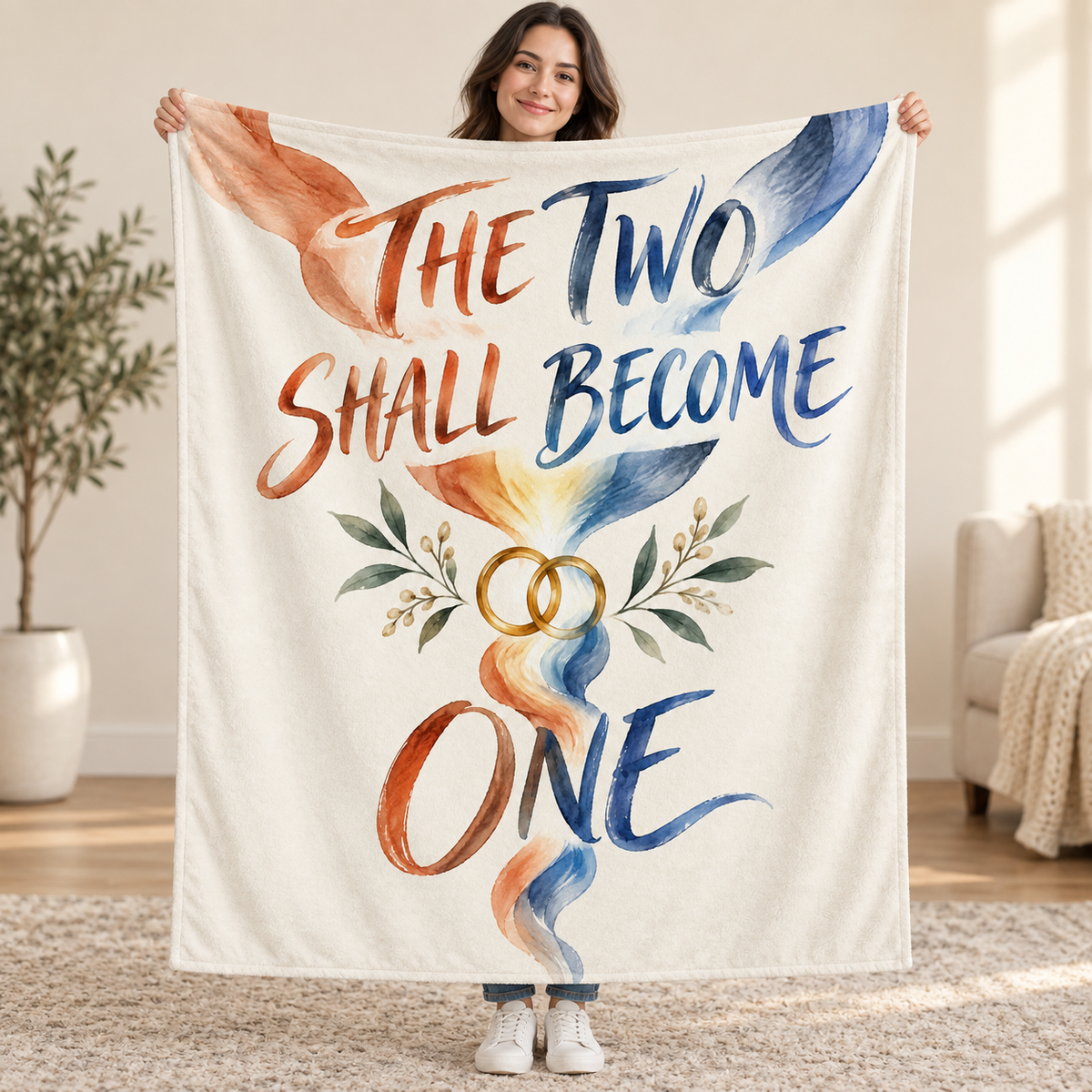 The Two Shall Become One blanket, held open