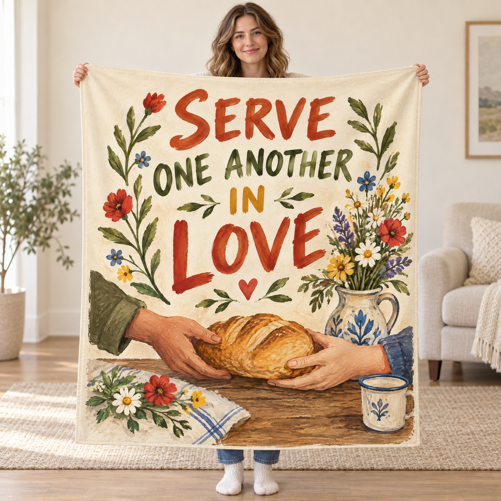 Serve One Another in Love blanket, held open